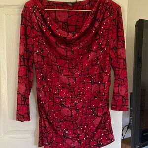 Red Cowl Neck Top with Black Pattern